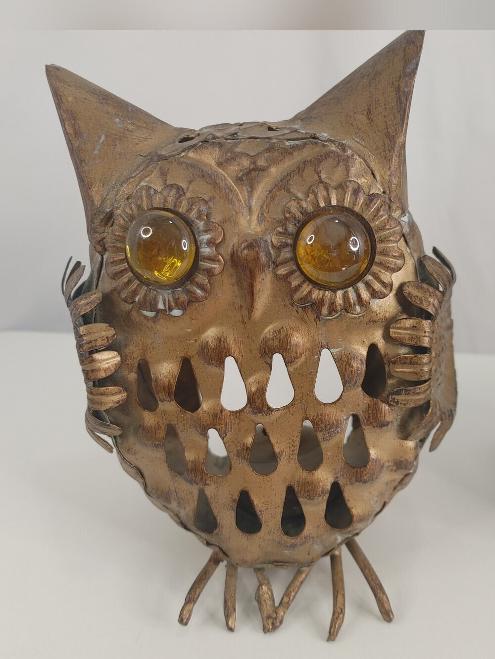 Vintage Metal Owl Tealight Candle Holders Pair 1970s Amber Glass Eyes 5.5" Retro - Picture 2 of 9